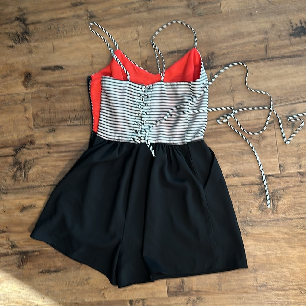 Greylin Striped Black Romper with pockets and back tie